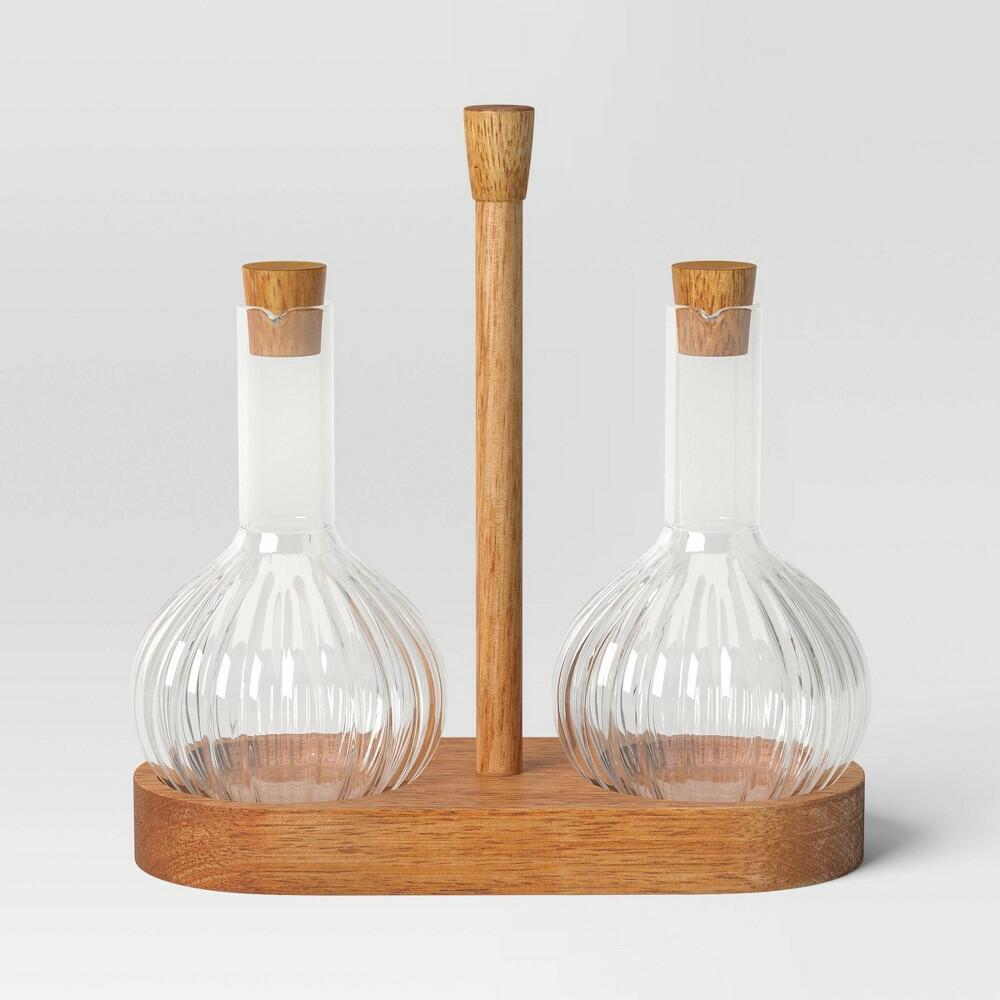 10oz Oil and Vinegar Bottle with Wood Caddy