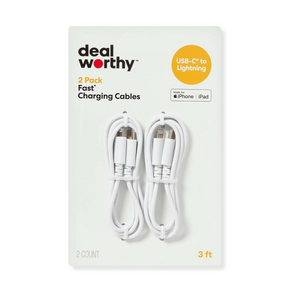 3' Lightning to USB-C 2pk Charging Cable - dealworthy™ White: Male-to-Male Connectors, 3ft Length