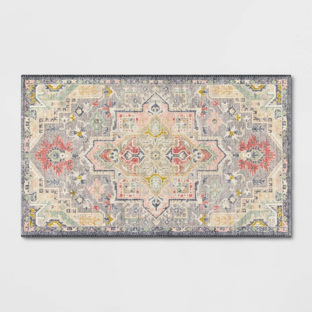 2'3"x3'9" Washable Zebrina Medallion Persian Style Printed Accent Rug Gray/Multi - Threshold