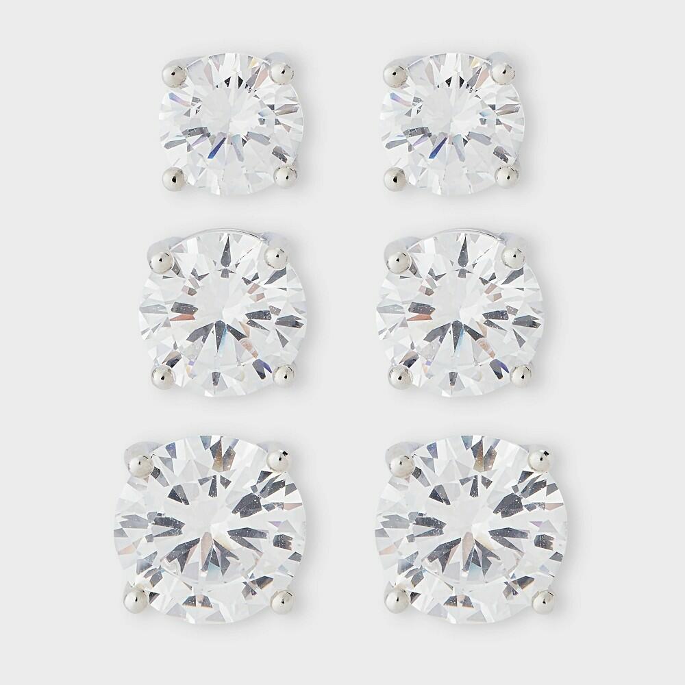 Silver Plated 6/7/8mm Cubic Zirconia Earring Set 3pc