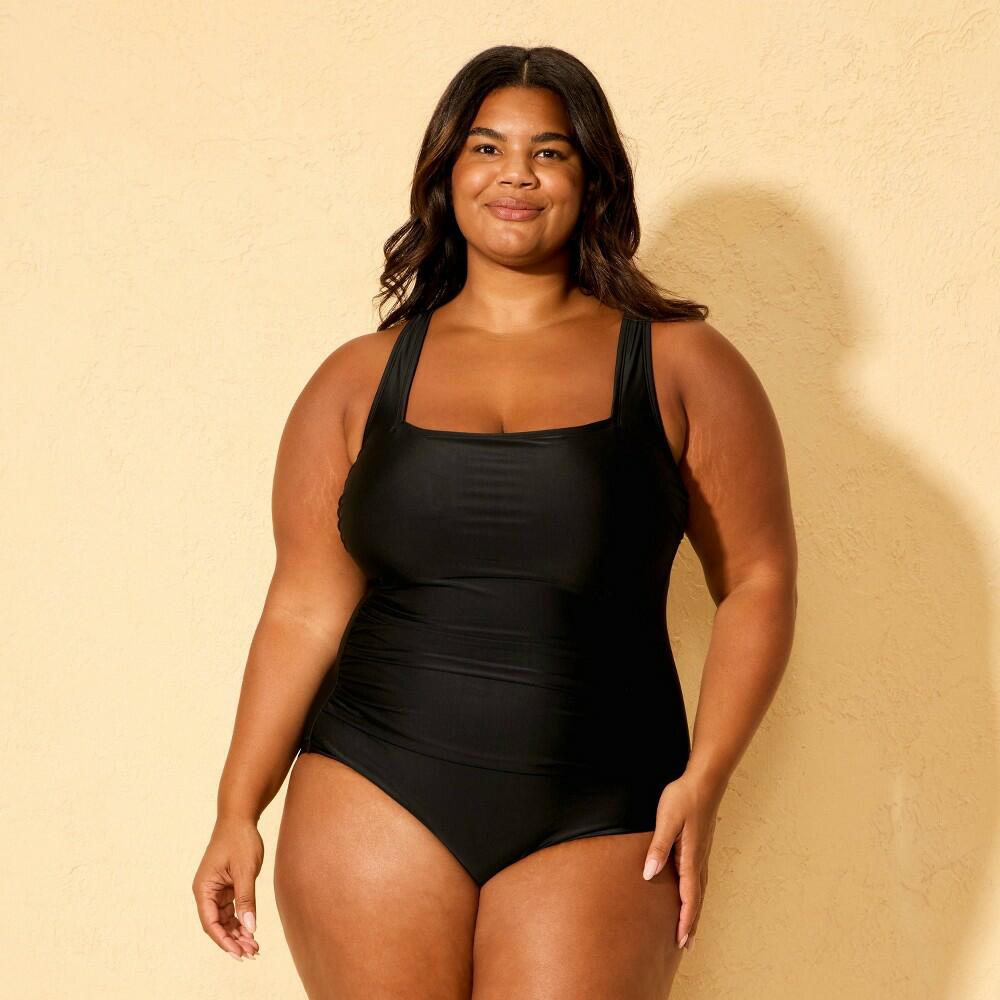 Size 22 Women's Shirred Tummy Control Square Neck Full Coverage One Piece Swimsuit - Shade & Shore™