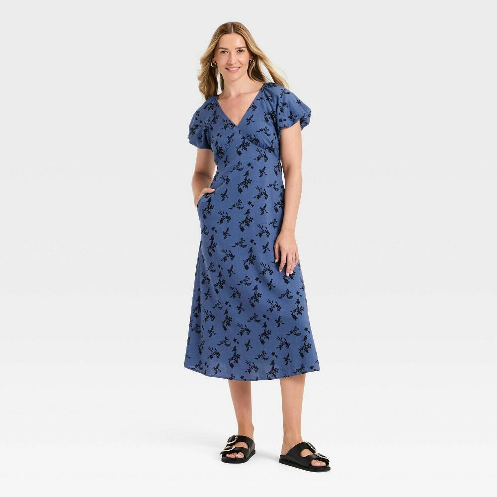 L Universal Thread Puff Sleeve Midi Dress, Dark Blue Floral