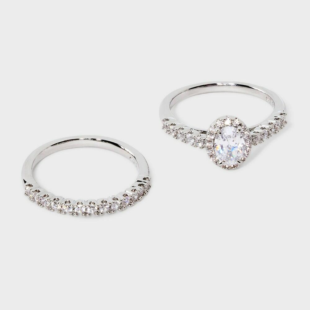 Silver Plated Halo Oval Cubic Zirconia