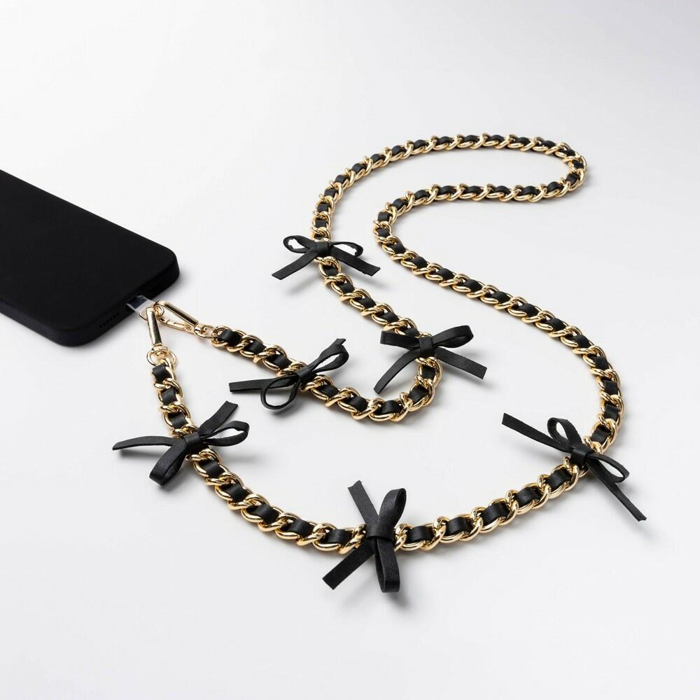Hello Lux Phone Crossbody Strap - Golden Chain with Black Faux Leather Bows