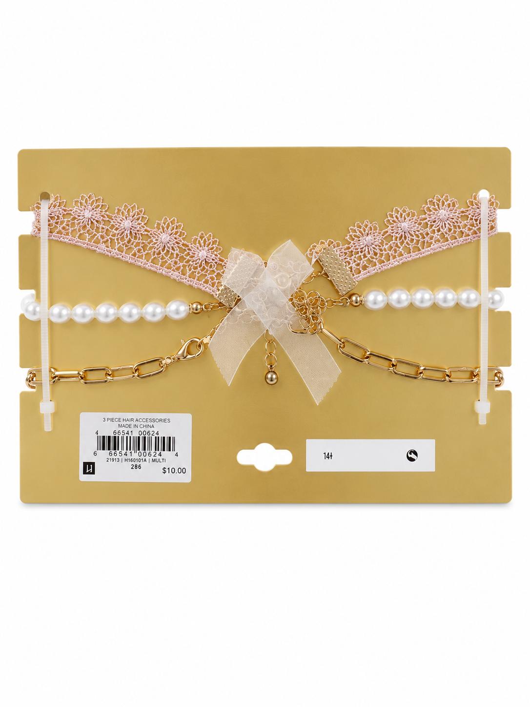 3-Piece Pearl, Lace & Gold Chain Hair Accessory Set
