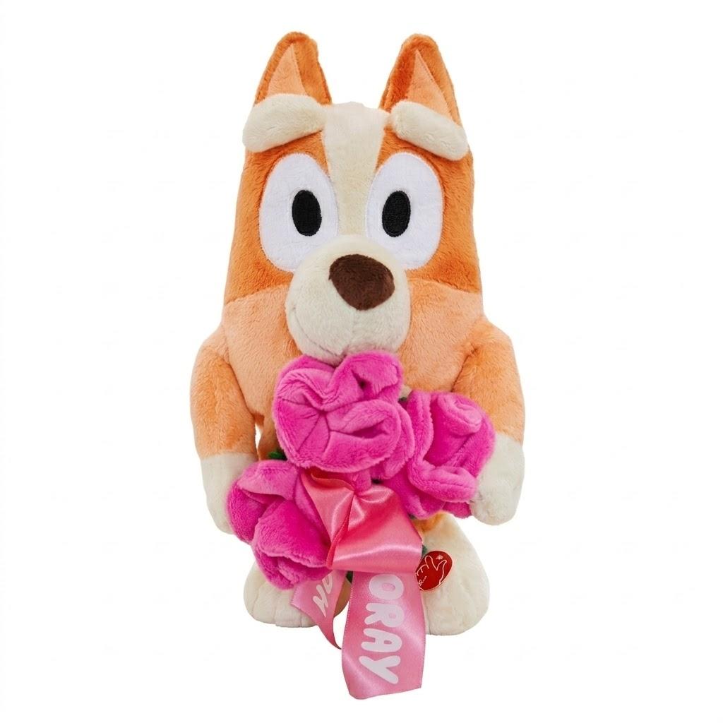Bluey Bingo Animated Valentines Plush Stuffed Animal with Scented Floral Bouquet