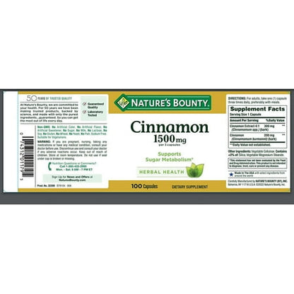 Nature's Bounty Cinnamon 1500mg 100 ct *Exp 12/2026*