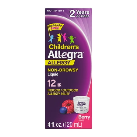 Allegra Children's 12-Hour Allergy Relief Liquid, Non-Drowsy Indoor and Outdoor Allergy Medicine, 30 mg Fexofenadine HCI Antihistamine For Kids, Berry Flavor, 4 oz. *Exp 10/25* *Packaging May Vary*