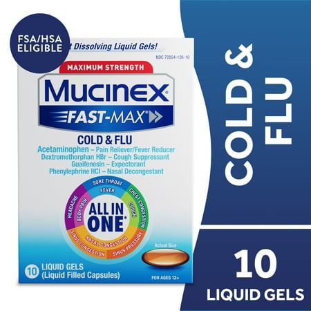 Mucinex Fast-Max Cold and Flu Medicine, Chest Congestion, Cough, Sore Throat, 10 Liquid Gels *Exp 8/26*