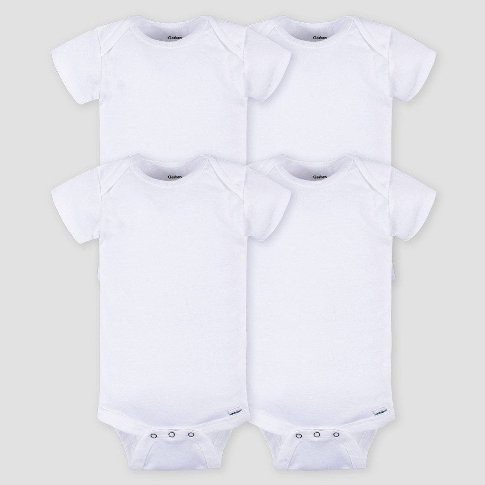 Gerber Baby Newborn 0M 4pk Short Sleeve Onesies - White Newborn: 100% Cotton, Lightweight Ribbed Fabric, Crotch Snap Closure