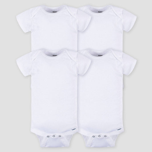 Gerber Baby Newborn 0M 4pk Short Sleeve Onesies - White Newborn: 100% Cotton, Lightweight Ribbed Fabric, Crotch Snap Closure