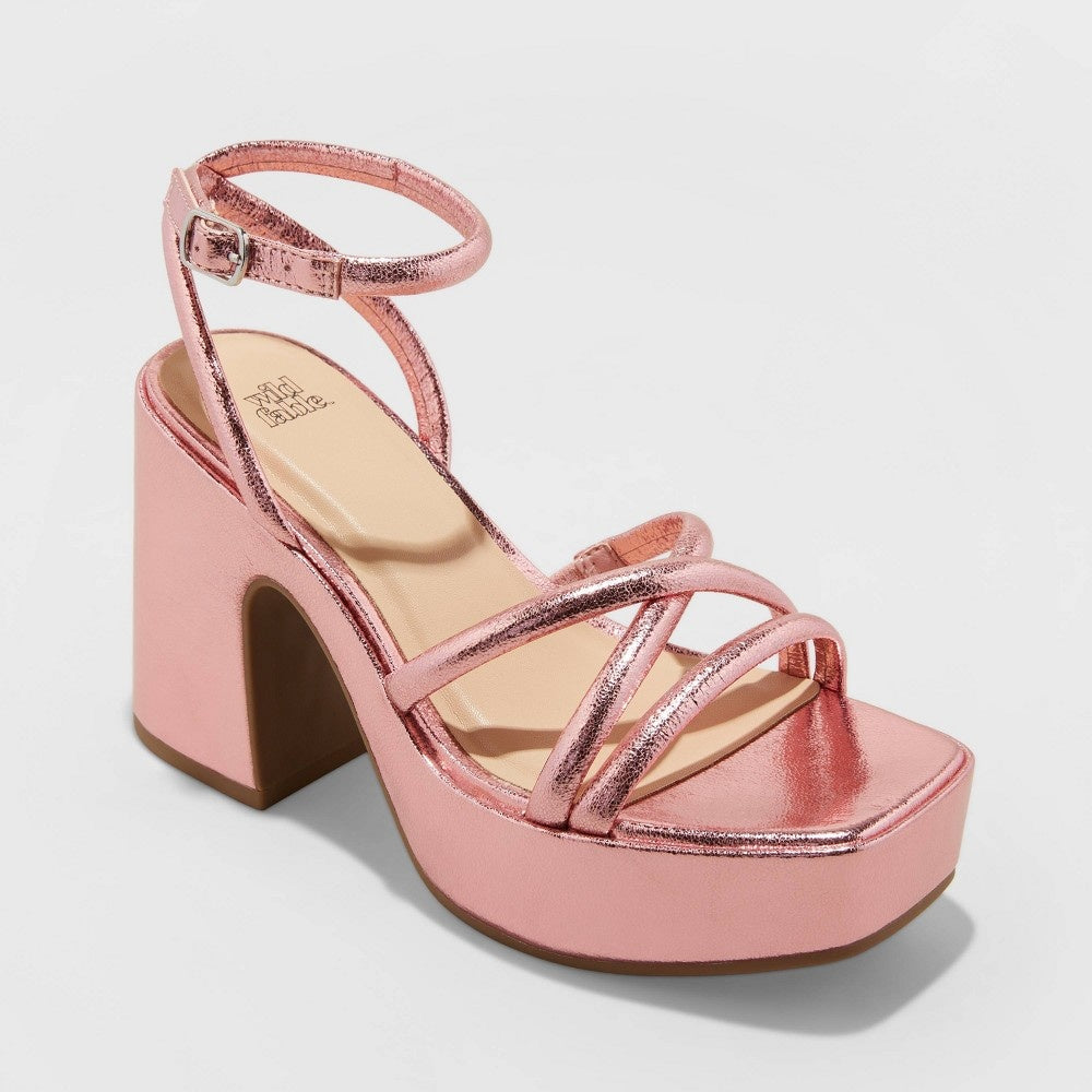 Women's Astro Strappy Platform Heels with Memory Foam Insole - Wild Fable™ Metallic Pink **SIZE - WOMEN 8 1/2** **DAMAGED BOX**