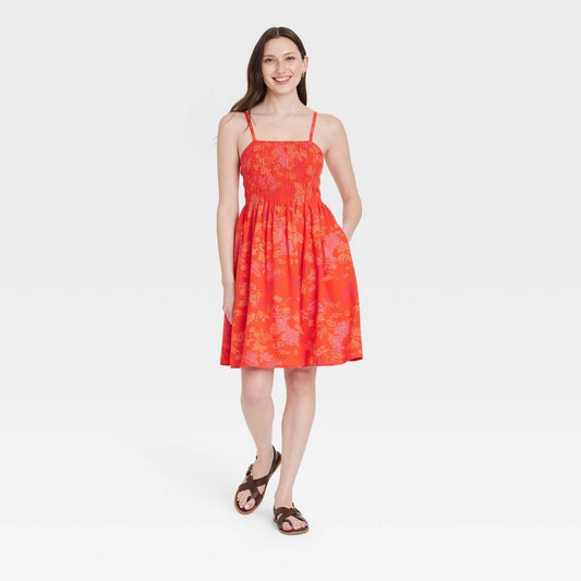 Women's L Smocked Mini Sundress - Universal Thread  Red Floral