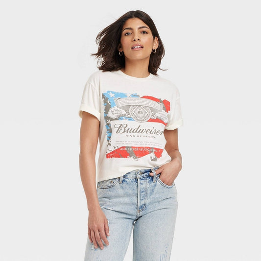 Women's XS Budweiser American Flag Oversized Short Sleeve Graphic T-Shirt - Ivory