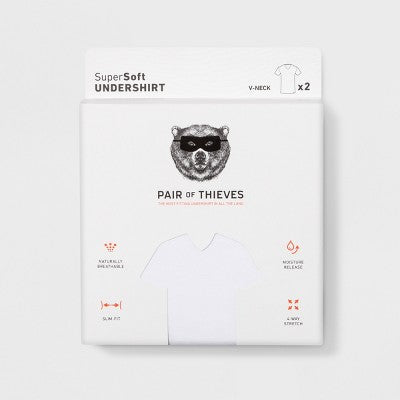 Men's XL Pair of Thieves 2pk V-Neck Undershirt - White XL: Midweight Jersey, Short Sleeve
