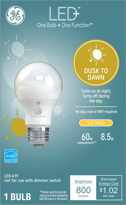 GE LED+ Dusk to Dawn 60-Watt EQ A19 Soft White Medium Base (e-26) LED General Purpose Light Bulb
