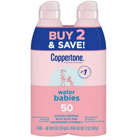 Coppertone WaterBabies Sunscreen Spray, SPF 50 Baby Sunscreen, 6 Oz, Pack of 2 *Exp 10/27*