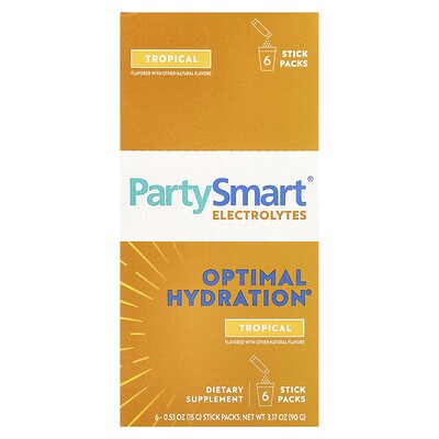 Himalaya, PartySmart  Electrolytes, Tropical, 6 Stick Packs, 0.53 Oz (15 G) Each *Exp 11/25* *Packaging Damaged*