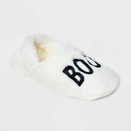 Women's S/M Boo! Embroidered Halloween Faux Fur Pull-on Slipper Socks with Grippers - Hyde and EEK! Boutique White/Black