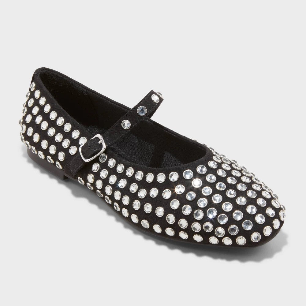 Women's 7.5 - Issa Rhinestone Mary Jane Ballet Flats - A New Day  Black