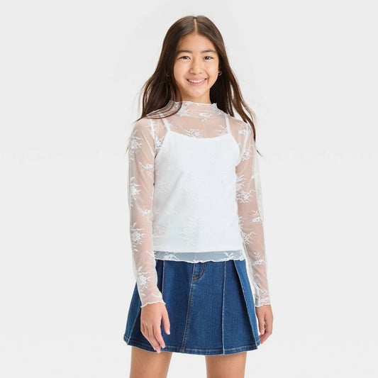 Girls' M (8) Long Sleeve Lack Mockneck Shirt - Art Class White