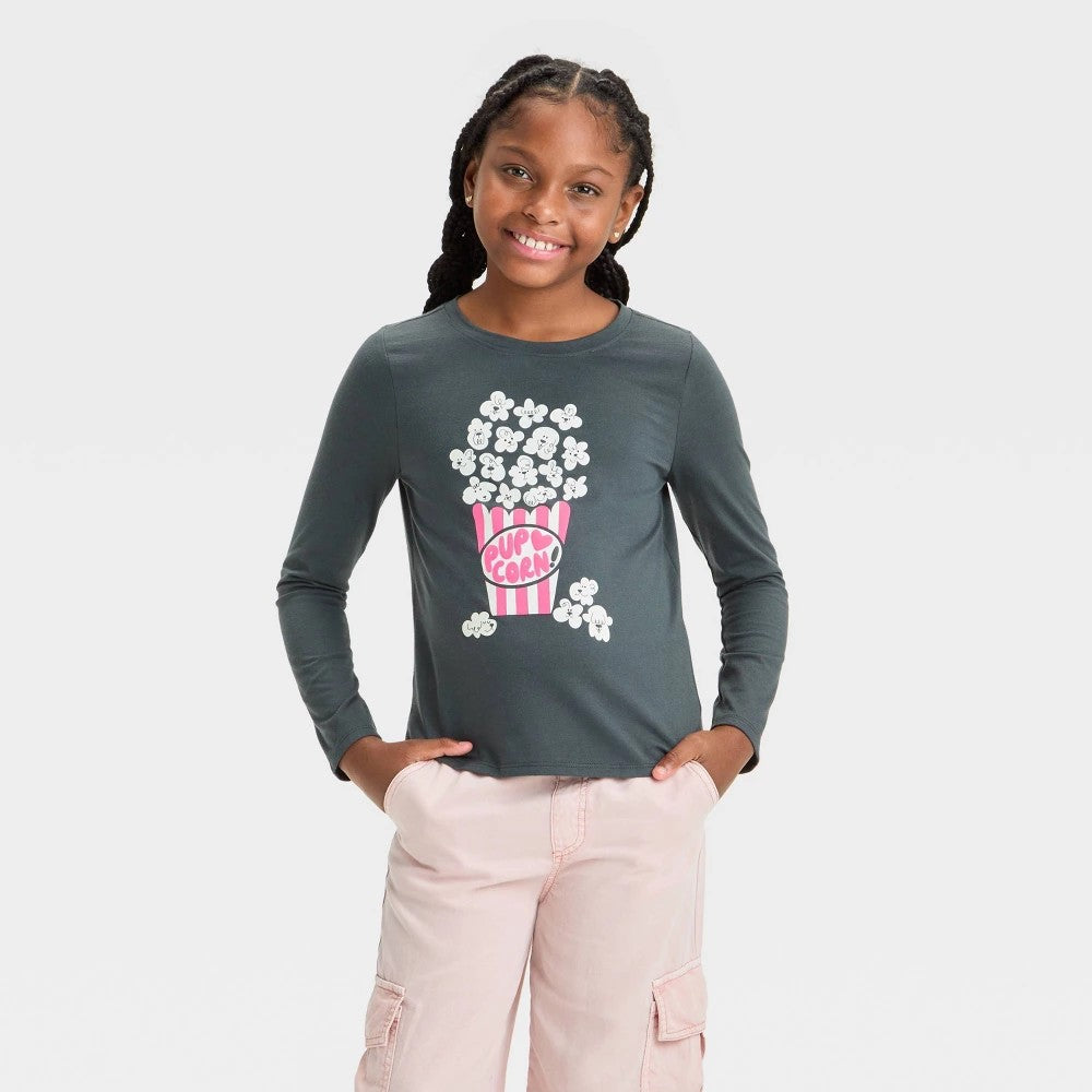 Girls' Long Sleeve 'Pup-Corn' Graphic T-Shirt - Cat & Jack™ Charcoal Gray **SIZE GIRLS EXTRA SMALL 4/5**