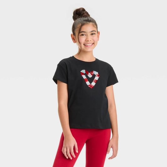 Girls' XL (14) - Short Sleeve Flip Sequin 'Candy Cane' T-Shirt - Cat & Jack  Black