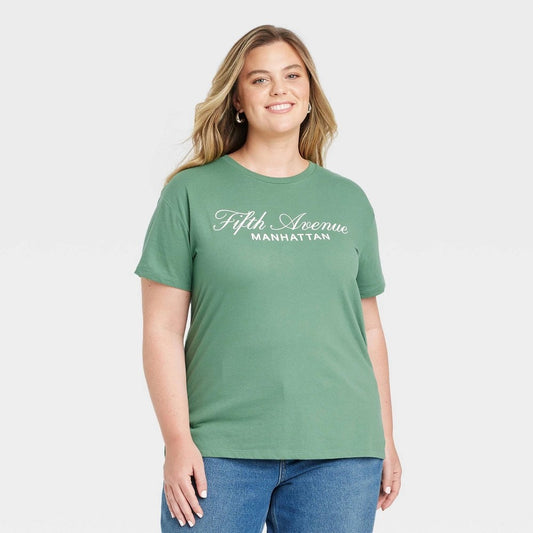 Women's 2XL Fifth Avenue Manhattan Short Sleeve Graphic T-Shirt - Green Grayson Threads, Typography, Jersey, Pullover