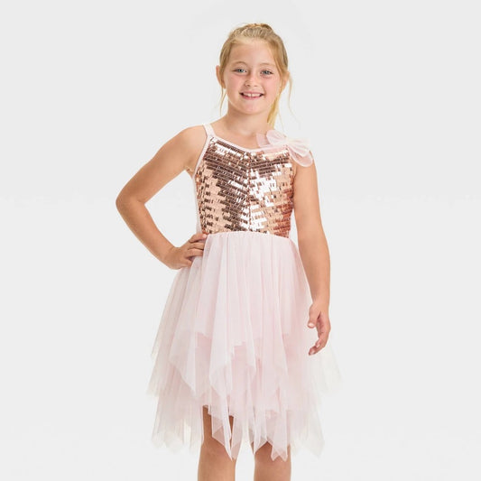 Girls' M (8) Zenzi Satin Strap Sequin Bodice Tulle Skirt Dress - Rose Gold