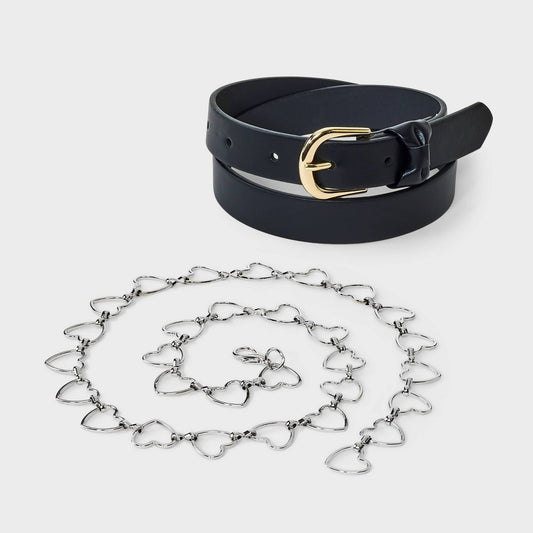 Girls' S 2pk Bow and Heart Chain Belt - Art Class  Black/Silver Adjustable Skinny Belts, Polyurethane & Bonded Leather