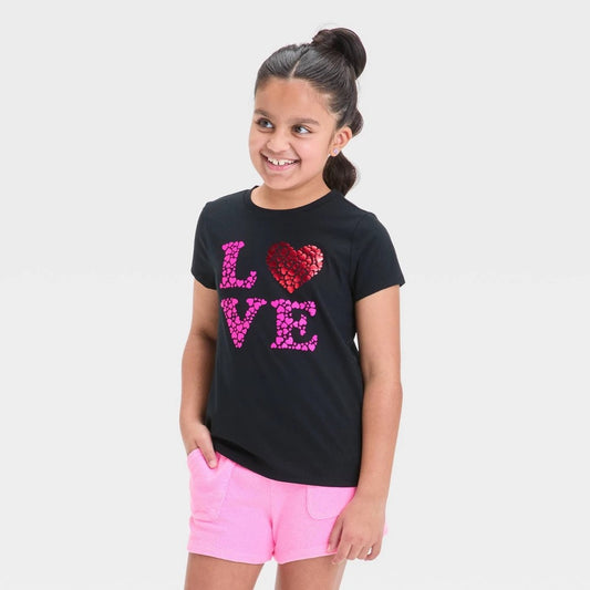 Girls' S (6/7) Short Sleeve Valentine's Day 'Love' Graphic T-Shirt - Cat & Jack Black Cotton Blend, Relaxed Fit, Crew Neck
