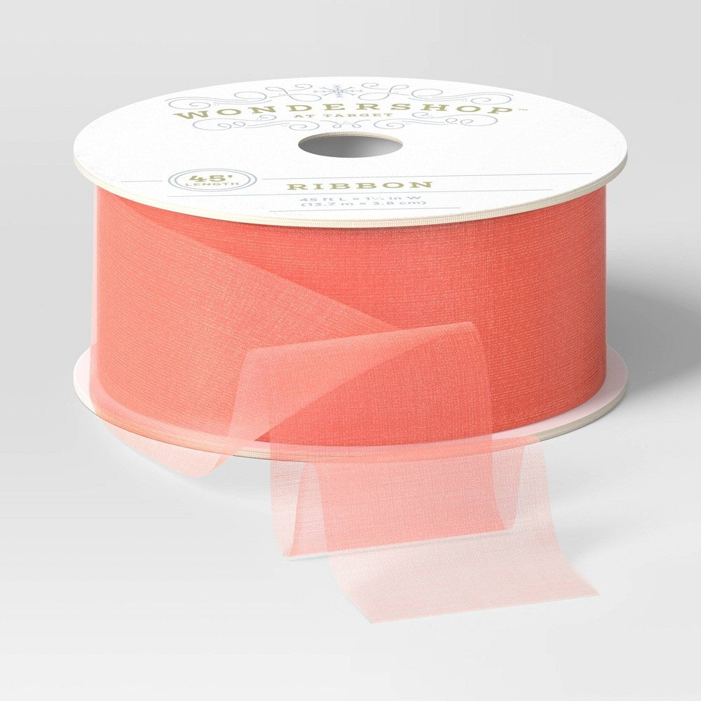 1.5 Inch Sheer Fabric Christmas Ribbon 45' Coral - Wondershop