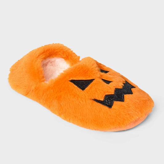 Women's S/M (5/7)Pumpkin Glitter Embroidered Halloween Faux Fur Pull-on Slipper Socks with Grippers - Hyde and EEK! Boutique Orange/Black