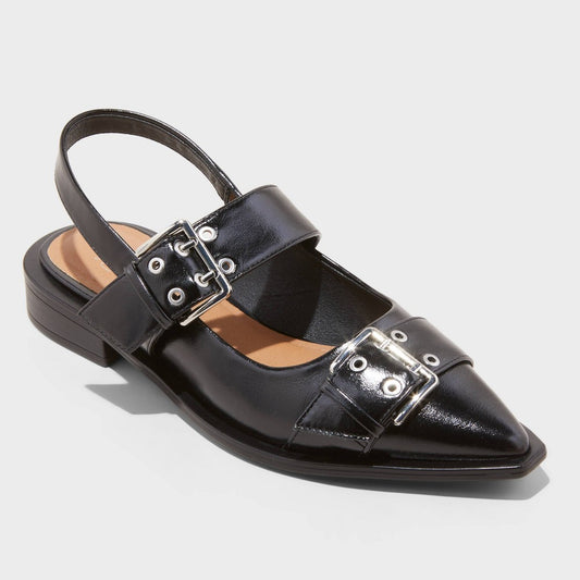 Women's 9.5 Medium Width Peyton Double Buckle Slingback Flats with Memory Foam Insole - Wild Fable  Black, Block Heel