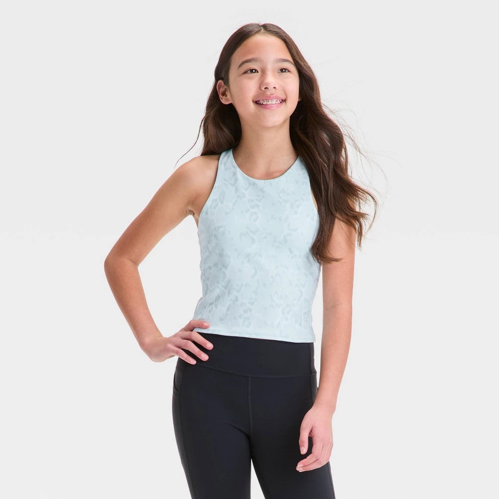 Girls' Strappy Crop Tank Top - All in Motion Light Blue Leopard Print **SIZE S (6-7)**