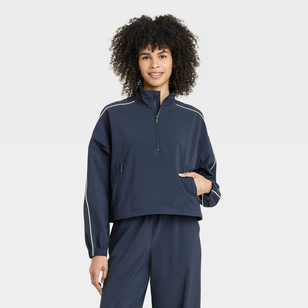 Women's Piped Half-Zip Windbreaker Jacket - All in Motion Navy Blue **SIZE M (8-9)**