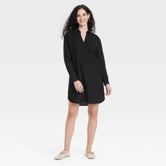Women's XS Long Sleeve Popover Mini Shirtdress - Universal Thread Black