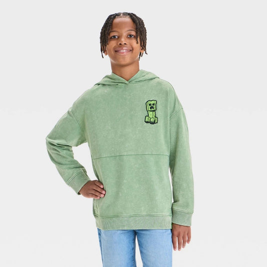 Boys' M (8/9) Minecraft Embroidered Mineral Wash Hooded Sweatshirt - Olive Green