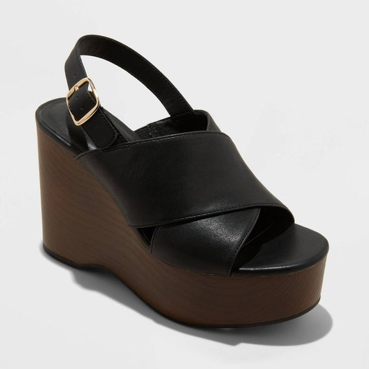 Women's 7.5 Naomi Wood Wedge Heels with Memory Foam Insole - Universal Thread  Black Ankle Strap, Open Toe