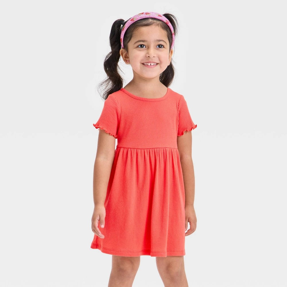Cat & Jack Short Sleeve Ribbed Dress - Coral Orange