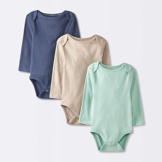 Baby Size 0-3M, 3pk Solid Long Sleeve Wide Ribbed Bodysuit - Cloud Island Blue: Cotton, Midweight, Crotch Snap
