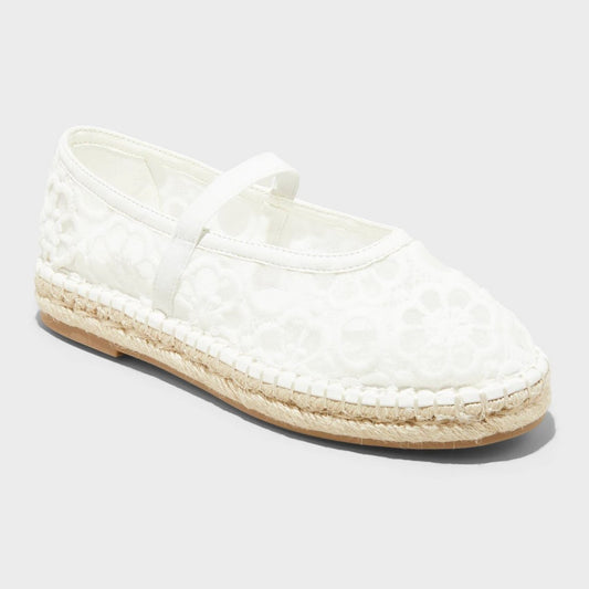 Women's 11 - Celia Floral Lace Mary Jane Espadrille Flat with Memory Foam Insole - Universal Thread - White