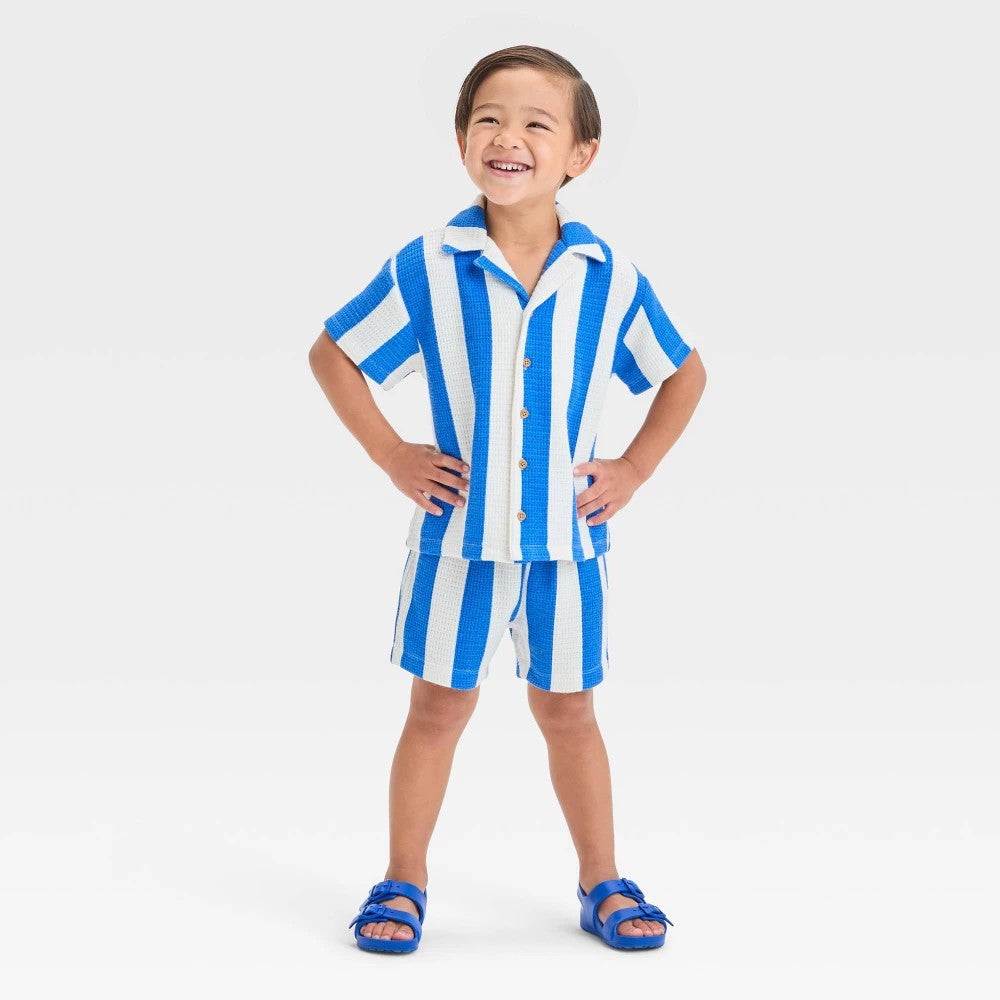 Grayson Mini Toddler Boys' Short Sleeve Vertical Striped Thermal Knit Shirt and Shorts Set - Blue **SIZE 3T**