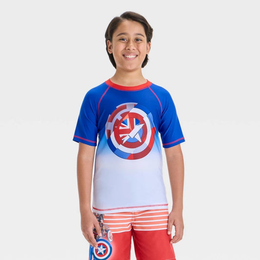 Boys' Marvel Captain America Shield Rash Guard Top - White/Blue **SIZE L (10-12)**