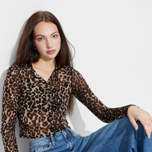 Women's XS Mesh Cardigan - Wild Fable Leopard Print Lightweight Long Sleeve, Front Button