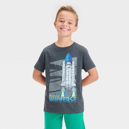 Boys' 2XL (16/18) Husky Short Sleeve 'Travel Across the Universe' Graphic T-Shirt - Cat & Jack Black Crew Neck, Spaceship Design