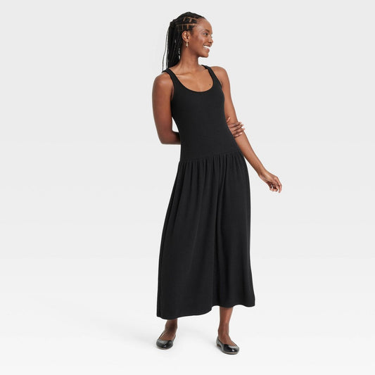 Women's S Drop Waist Knit MIDI Slip Dress - Universal Thread Black  Ribbed Sleeveless Pullover, Scoopneck