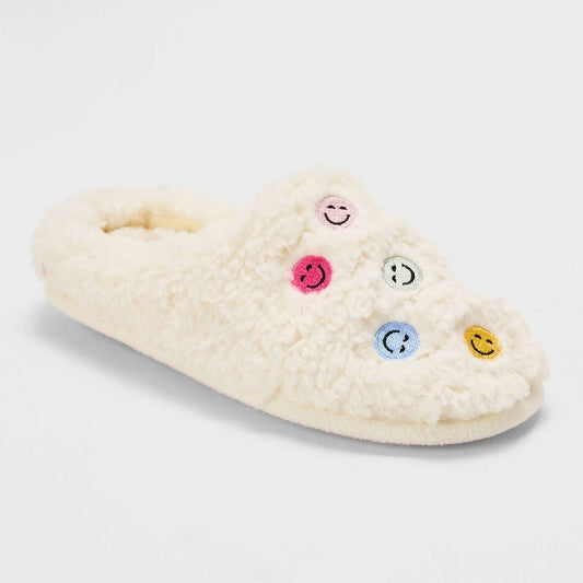 Dluxe by Dearfoams Men's Size M(7-8)  All Over Smiley Slide Slippers - Cream: Cushioned Insole, Embroidered Detail, Indoor/Outdoor Outsole