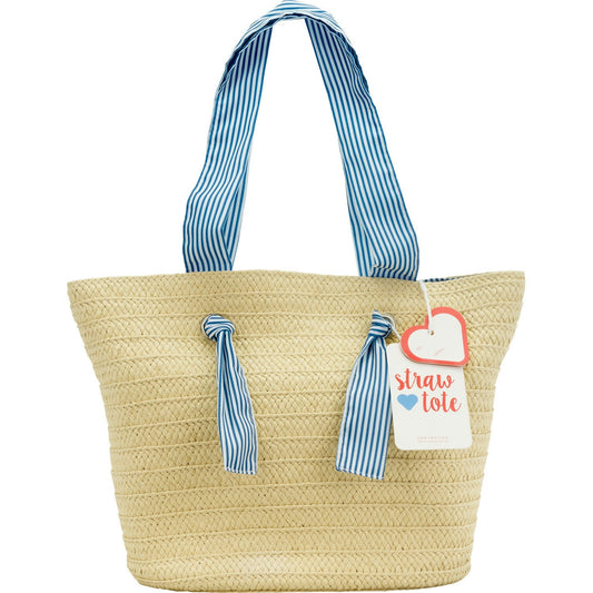 Straw Tote Bag 11.5 x 8 Inch Blue Striped Lining
