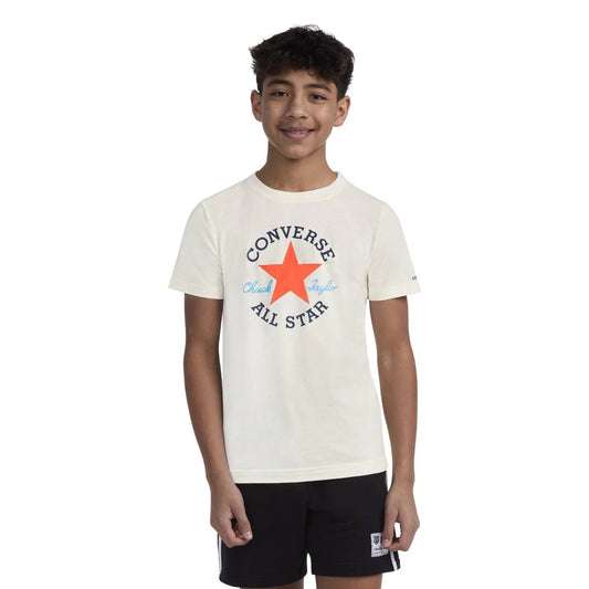 Boys' L Converse Short Sleeve Graphic T-Shirt - Cream Crew Neck, Knit Fabric